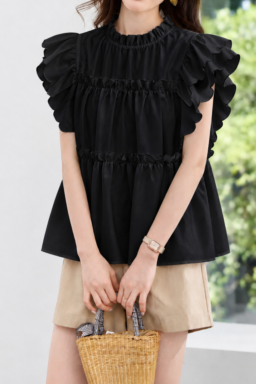 Casual Ruffled Spliced Flutter Sleeve Blouse