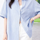 Casual Commuter Striped Lapel Short-Sleeve Blouse