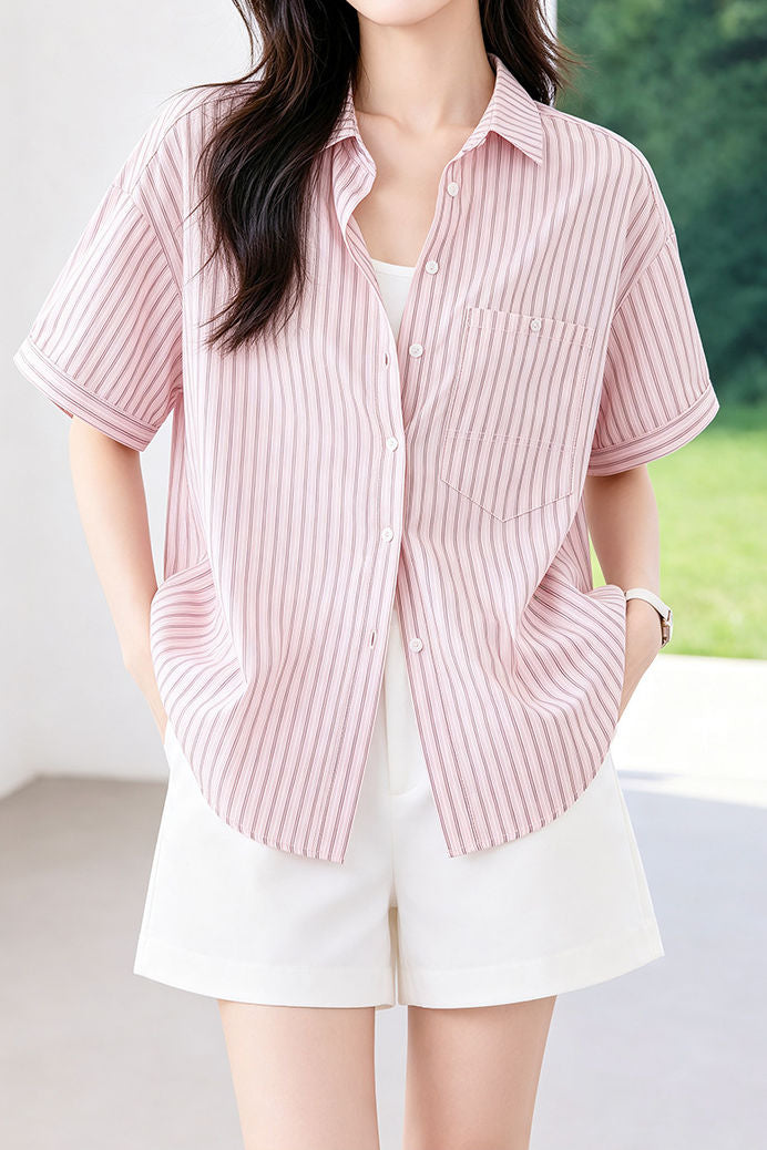 Casual Commuter Striped Lapel Short-Sleeve Blouse