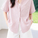 Casual Commuter Striped Lapel Short-Sleeve Blouse