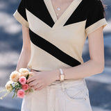 Exquisite Elegant Commuter V-Neck Contrast Short-Sleeve T-Shirt
