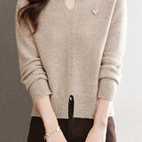 Gentle Commuter V-Neck Long-Sleeve Knit Top With Split Hem