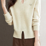Gentle Commuter V-Neck Long-Sleeve Knit Top With Split Hem