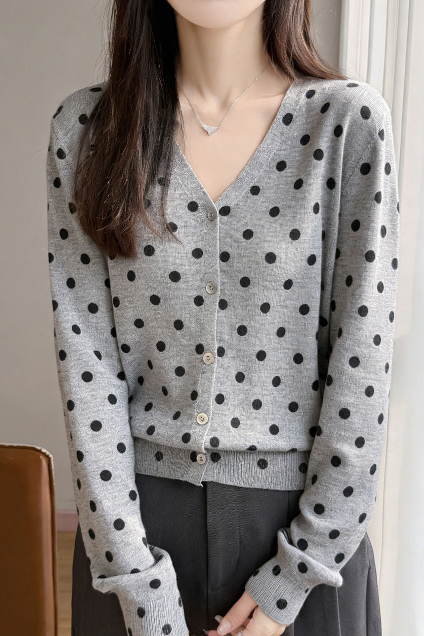 Elegant Commuter Polka Dot Print Tencel Long-Sleeve Knit Top