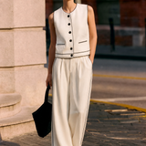 Intellectual Contrast Binding Vest & Straight-Leg Pants Two-Piece Set