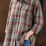 Elegant Casual Plaid Lapel Five-Quarter Sleeve Blouse