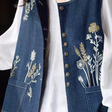 Elegant Commuter Denim Crew Neck Sleeveless Vest With Botanical Floral Embroidery