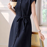 Minimalist Commuter Lapel Capped Sleeve Shirt Dress
