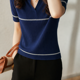 Elegant Commuter Lapel Color-Block Ribbed Short-Sleeve Knit Top
