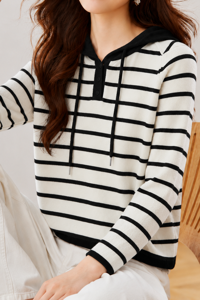Elegant Casual Striped Hooded Long-Sleeve Knit Top