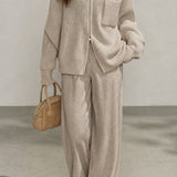 Casual Commuter Mock Neck Double-Zipper Vertical Rib Knit Cardigan & Wide-Leg Pants Two-Piece Set