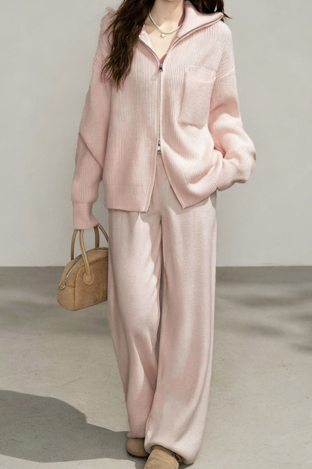 Casual Commuter Mock Neck Double-Zipper Vertical Rib Knit Cardigan & Wide-Leg Pants Two-Piece Set