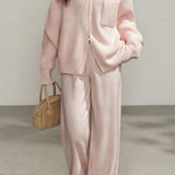Casual Commuter Mock Neck Double-Zipper Vertical Rib Knit Cardigan & Wide-Leg Pants Two-Piece Set