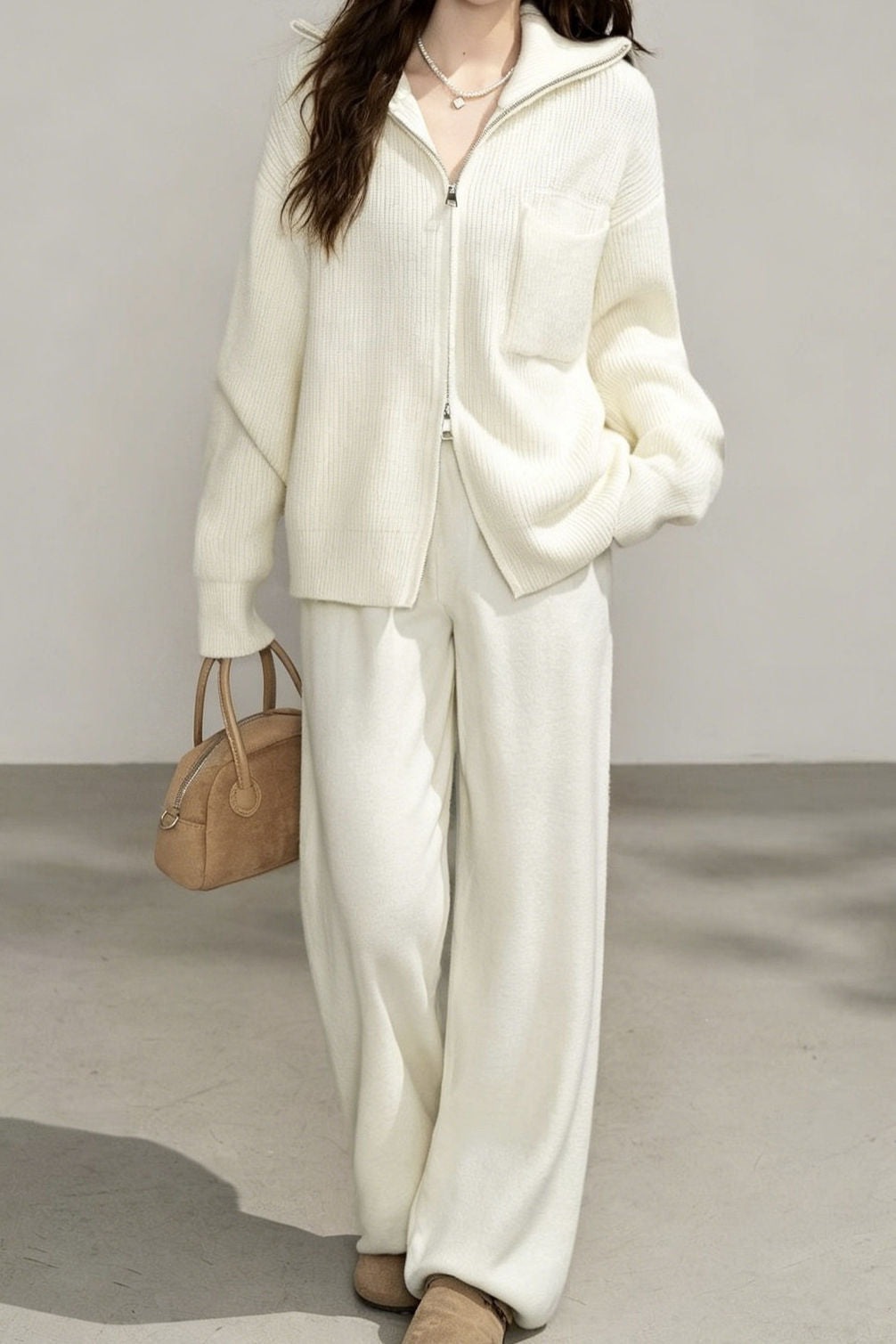 Casual Commuter Mock Neck Double-Zipper Vertical Rib Knit Cardigan & Wide-Leg Pants Two-Piece Set