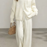 Casual Commuter Mock Neck Double-Zipper Vertical Rib Knit Cardigan & Wide-Leg Pants Two-Piece Set