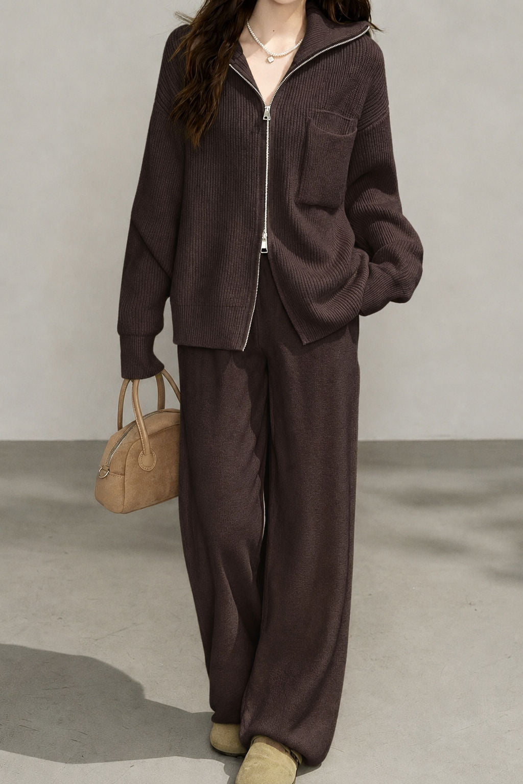 Casual Commuter Mock Neck Double-Zipper Vertical Rib Knit Cardigan & Wide-Leg Pants Two-Piece Set