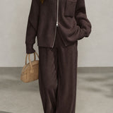 Casual Commuter Mock Neck Double-Zipper Vertical Rib Knit Cardigan & Wide-Leg Pants Two-Piece Set