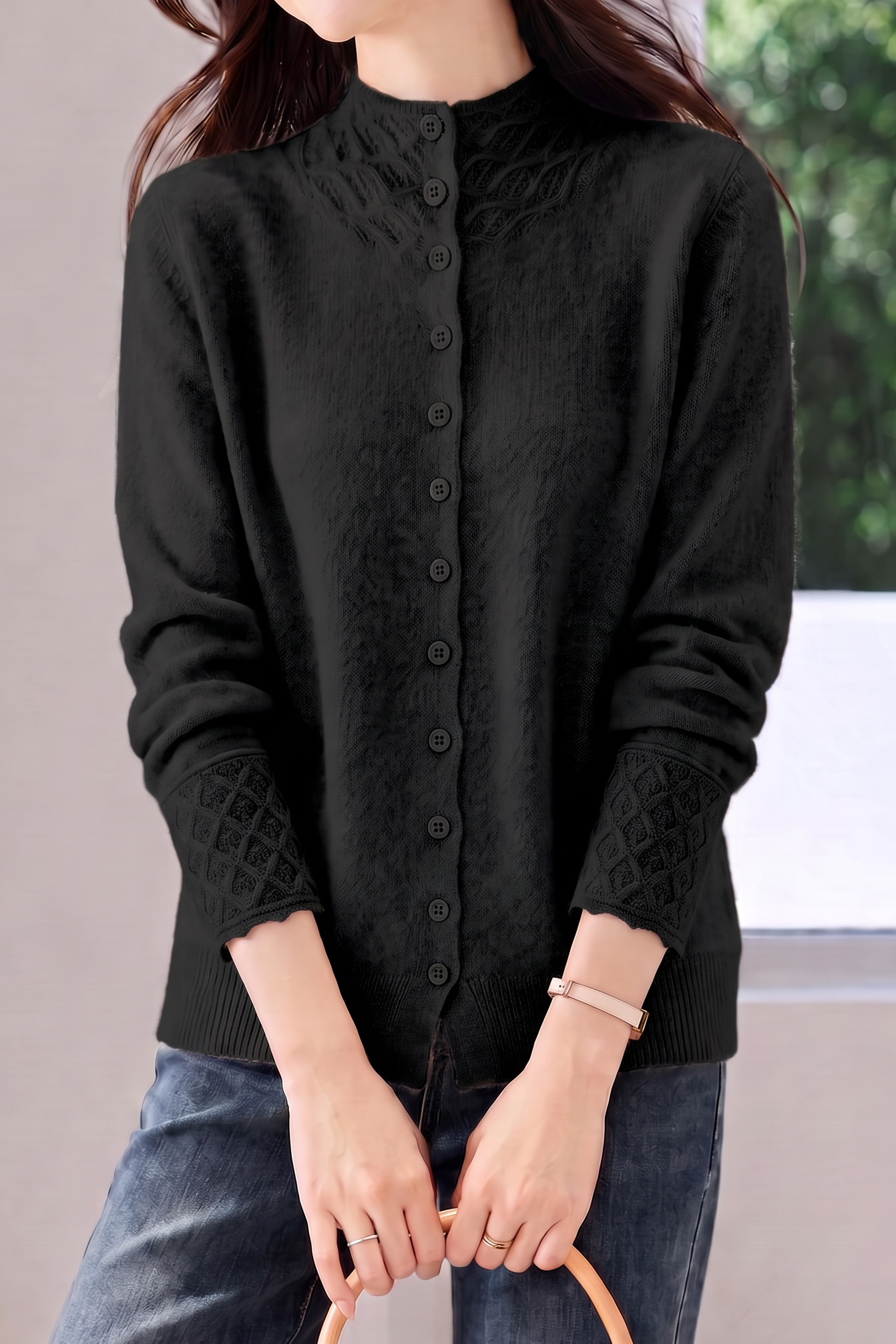 Exquisite Commuter Mock Neck Crochet Knit Cardigan