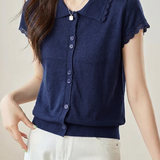 Elegant Commuter Wavy Lace Polo Neck Knit Cardigan