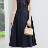 Casual Contrast Topstitch Waist-Cinched Denim Dress