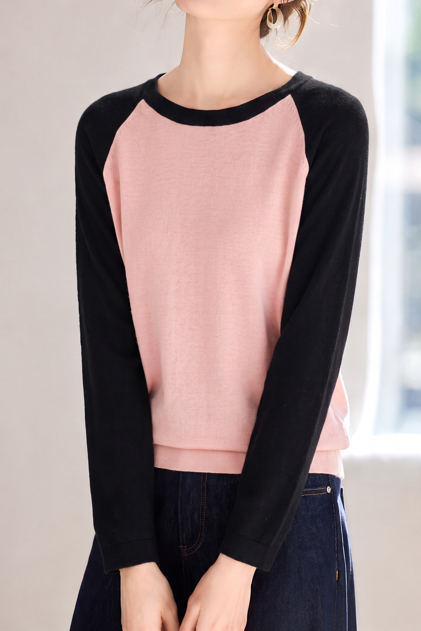 Casual Minimalist Contrast Raglan Sleeve Knit Top