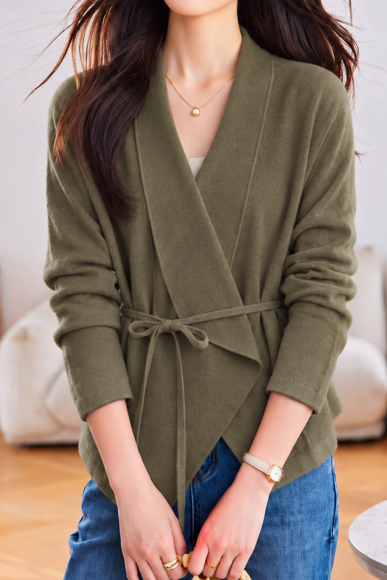 Casual Draped Lapel Drawstring Waist Open Cardigan