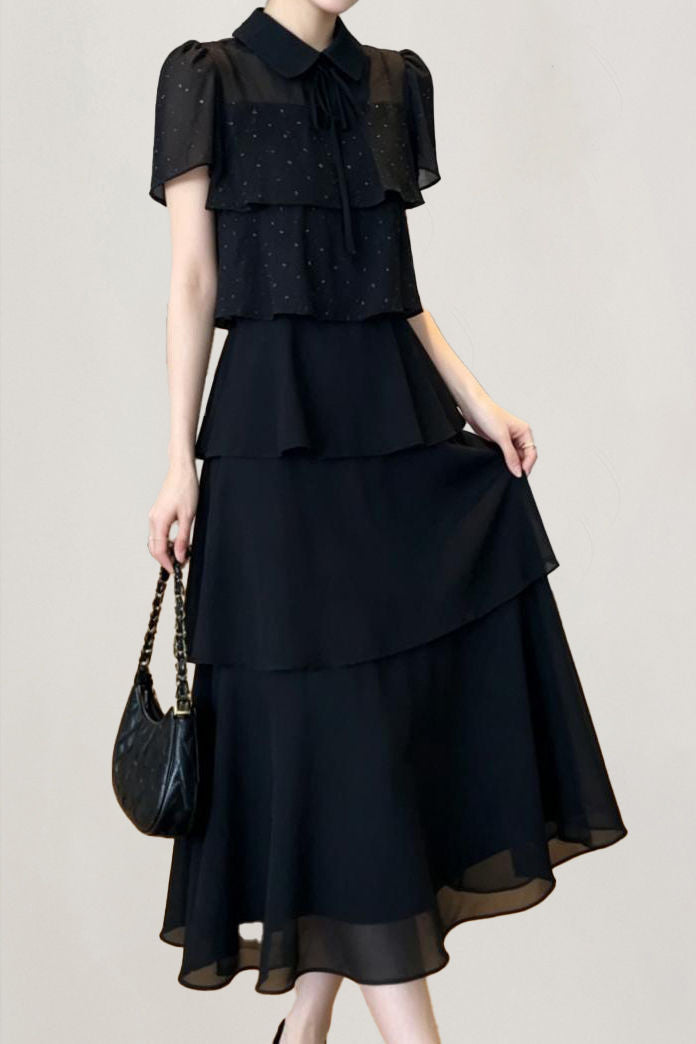 Exquisite Elegant Lapel Tiered Waist-Cinched A-Line Dress – liwisi