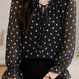 Exquisite Elegant Lace Collar Tie Waist Polka Dot Print Long-Sleeve Blouse