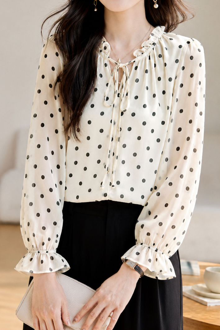 Exquisite Elegant Lace Collar Tie Waist Polka Dot Print Long-Sleeve Blouse