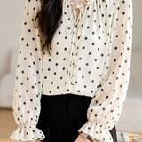 Exquisite Elegant Lace Collar Tie Waist Polka Dot Print Long-Sleeve Blouse