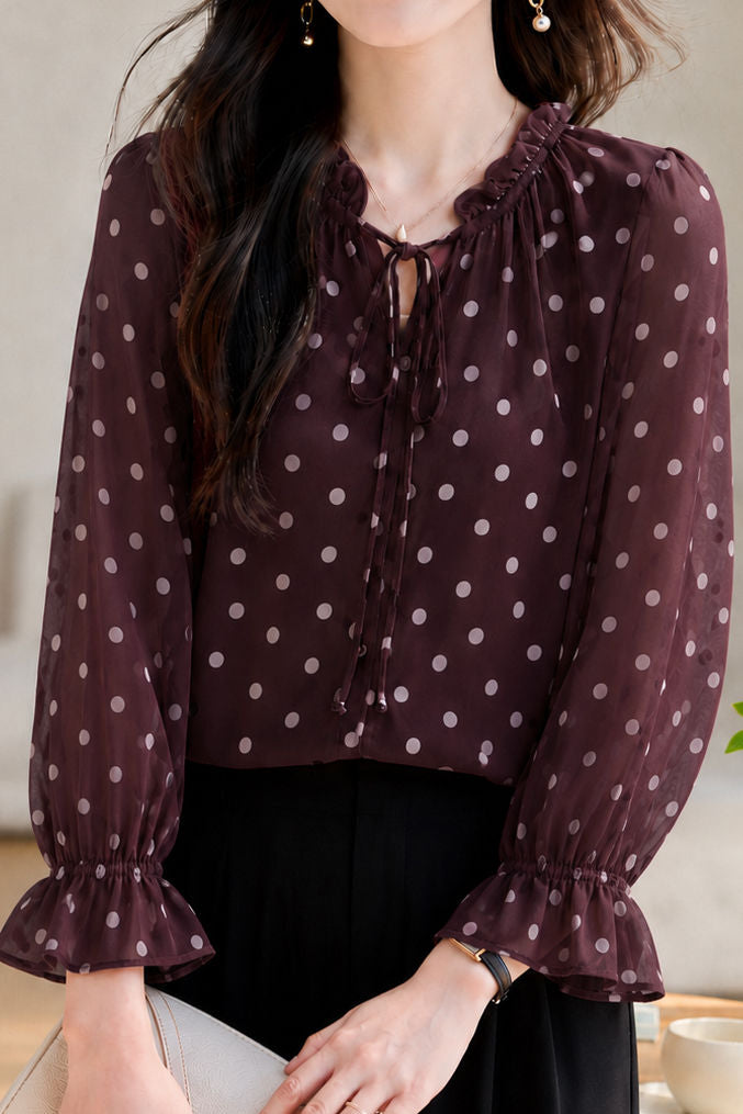 Exquisite Elegant Lace Collar Tie Waist Polka Dot Print Long-Sleeve Blouse