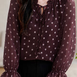 Exquisite Elegant Lace Collar Tie Waist Polka Dot Print Long-Sleeve Blouse