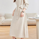 Elegant Commuter Turtleneck Belted Long-Sleeve Knit Dress