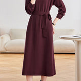 Elegant Commuter Turtleneck Belted Long-Sleeve Knit Dress
