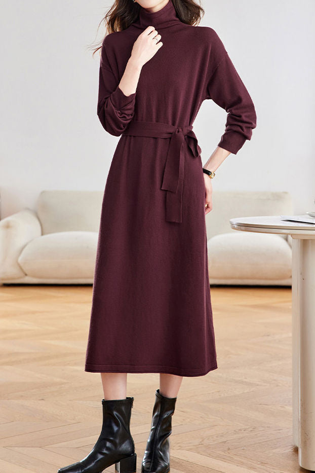 Elegant Commuter Turtleneck Belted Long-Sleeve Knit Dress