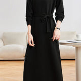 Elegant Commuter Turtleneck Belted Long-Sleeve Knit Dress