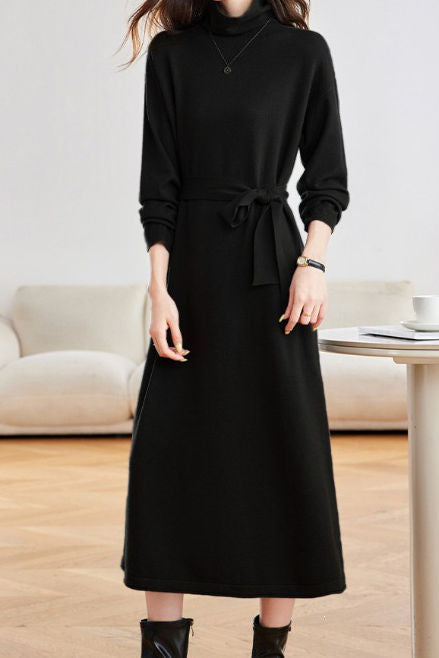 Elegant Commuter Turtleneck Belted Long-Sleeve Knit Dress