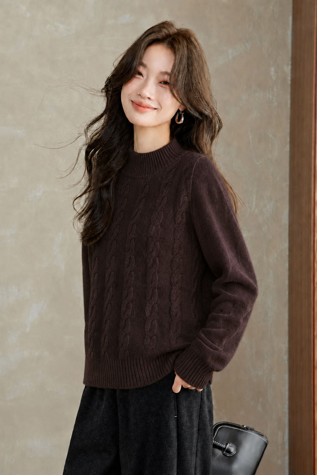 Elegant Commuter Mock Neck Cable Knit Top