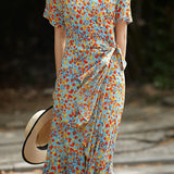 Fresh Floral Print Tie Waist Ruffled Dress
