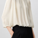 Casual Vertical Textured Ruched Lantern Sleeve Blouse