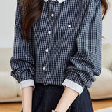Elegant Commuter Small Lapel Contrast Plaid Long-Sleeve Blouse