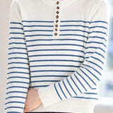 Elegant Commuter Horizontal Stripe Half-Placket Long Sleeve Knit Top