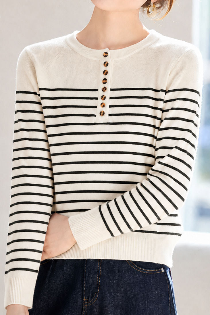 Elegant Commuter Horizontal Stripe Half-Placket Long Sleeve Knit Top