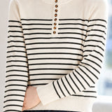 Elegant Commuter Horizontal Stripe Half-Placket Long Sleeve Knit Top