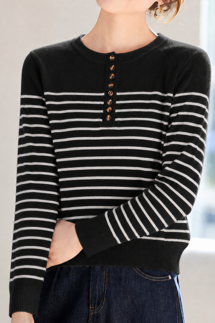 Elegant Commuter Horizontal Stripe Half-Placket Long Sleeve Knit Top