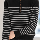 Elegant Commuter Horizontal Stripe Half-Placket Long Sleeve Knit Top