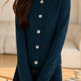 Casual Commuter Grid Texture Crew Neck Single-Breasted Knit Cardigan