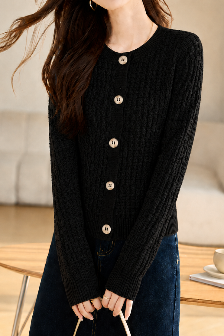 Casual Commuter Grid Texture Crew Neck Single-Breasted Knit Cardigan