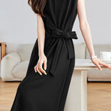 Elegant Commuter Crew Neck Cap Sleeve Side Tie Waist-Cinched Dress