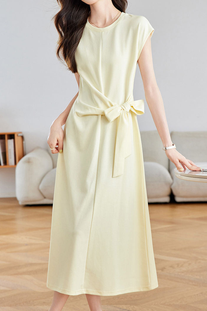 Elegant Commuter Crew Neck Cap Sleeve Side Tie Waist-Cinched Dress